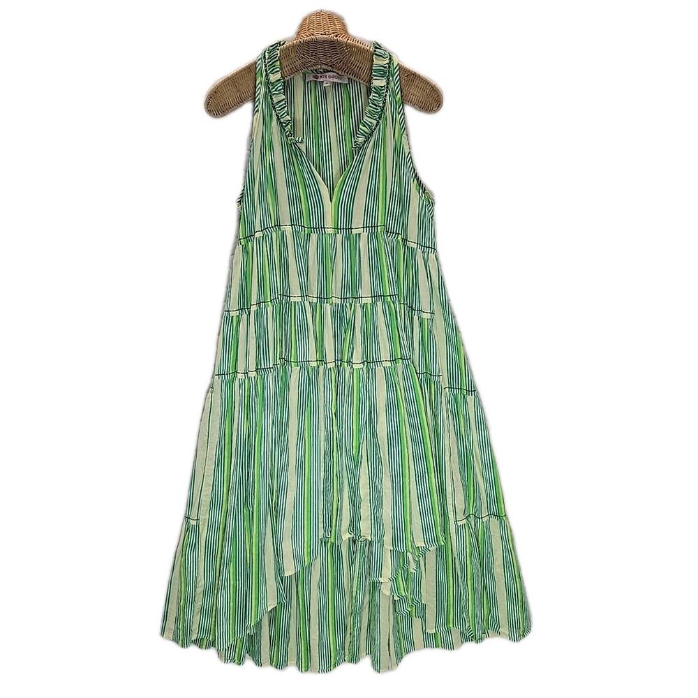 Tiered V-Neck Midi Dress in Green Stripe